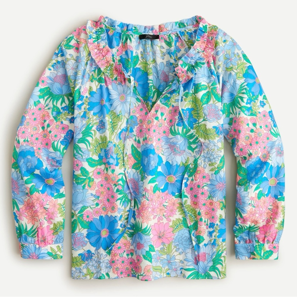 J.Crew Cotton Tie-Front Gathered Sleeves Ruffle Top in Fairy Floral Size XS